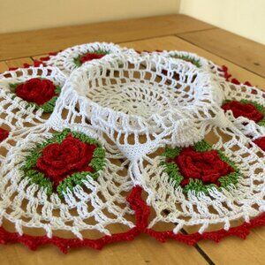 Hand Crochet 3D Rose Lace Doily Vintage Shaped Center Red & White 13"